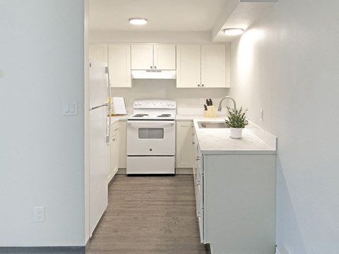 a white kitchen with white appliances and white cabinets